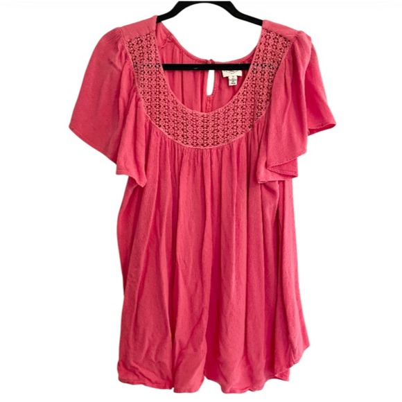 St Johns Bay Crochet Top Flutter Sleeve Casual Pink 1X‎ Summer Flowy Comfy - Picture 1 of 9